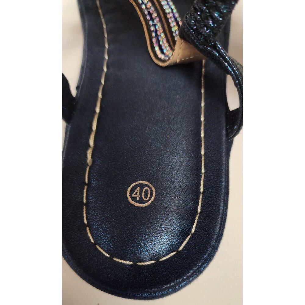 Women's Blue Rhinestone T-Strap Flat Boho Gemstone Slingback Slip-On Shoes US 9 - Picture 6 of 7